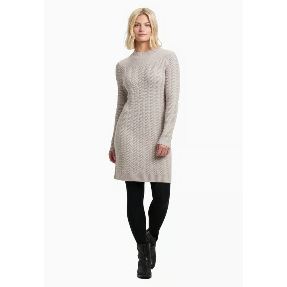 Kuhl Gia Sweater Dress sz S Dove Beige Wool Blend Long Sleeve Chevron Knit Soft